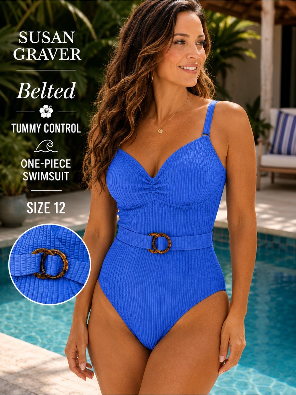 Susan Graver Textured One Piece Swimsuit Blue Belted Tummy Control Size 12 NWOT